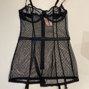 VS babydoll lingerie polka dot black mesh garter slip (size S)